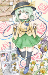Rule 34 | 1girl, ankle boots, arrow (symbol), birdcage, black thighhighs, blouse, blush stickers, boots, cage, curled fingers, doll house, fang, faucet, floral background, flower, frilled sleeves, frills, green eyes, green hair, green skirt, hands up, hat, hat ribbon, head tilt, heart, heart of string, highres, komeiji koishi, long sleeves, looking at viewer, open mouth, patterned background, red flower, red rose, ribbon, rose, rose background, shirt, short hair, skirt, solo, standing, standing on one leg, thighhighs, third eye, thorns, tiptoes, touhou, yellow flower, yellow rose, yellow shirt, ys (ytoskyoku-57)