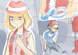 Rule 34 | 1boy, 1girl, artist request, ash ketchum, black hair, blonde hair, blue bow, blue eyes, boots, bow, child, collarbone, comic, creatures (company), disgust, furrowed brow, game freak, glaring, hat, kneeling, looking at another, nintendo, pants, pokemon, pokemon (anime), red shirt, red skirt, red theme, ribbon, serena (pokemon), shirt, short hair, sketch, skirt, wide-eyed