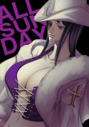 Rule 34 | 1girl, absurdres, black background, black hair, blue eyes, breasts, cleavage, closed mouth, coat, commentary, cowboy hat, crop top, cross-laced clothes, english commentary, fur-trimmed coat, fur-trimmed sleeves, fur trim, hat, highres, large breasts, medium hair, navel, nico robin, nsgw, one piece, smile, solo, white coat, white hat