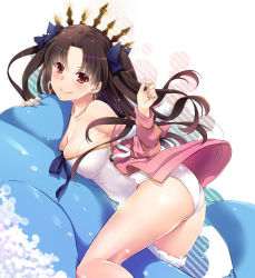 Rule 34 | 1girl, ass, black hair, breasts, closed mouth, earrings, fate/grand order, fate (series), fur-trimmed hood, fur trim, hair ribbon, highleg, highleg swimsuit, hood, hoop earrings, inflatable dolphin, inflatable toy, ishtar (fate), ishtar (swimsuit rider) (fate), jacket, jewelry, long hair, long sleeves, looking at viewer, medium breasts, nakajima yuka, off shoulder, one-piece swimsuit, parted bangs, pink jacket, red eyes, ribbon, single thighhigh, smile, solo, swimsuit, thighhighs, thighs, tiara, two side up, white one-piece swimsuit