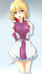 Rule 34 | 00s, 1girl, arm behind back, blonde hair, boots, gundam, gundam seed, gundam seed destiny, hair between eyes, highres, knife, looking at viewer, open mouth, purple eyes, saku (kudrove), shadow, skirt, smile, solo, stellar loussier