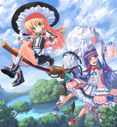Rule 34 | 2girls, angry, bag, black dress, blonde hair, blue eyes, blush, book, boots, braid, broom, broom riding, cloud, cloudy, crescent, day, dress, falling, female focus, flying, forest, gloves, green eyes, grin, hat, highres, house, kirisame marisa, lake, lolita fashion, long hair, looking at viewer, mob cap, multiple girls, nature, open mouth, panties, pantyshot, patchouli knowledge, patorishia, patricia (stylish marunage), pink dress, purple hair, ribbon, river, sack, scarlet devil mansion, sky, smile, tears, touhou, underwear, upskirt, white gloves, white panties, witch, witch hat