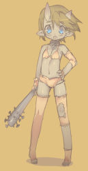 Rule 34 | 1girl, baseball bat, bikini, bikini top only, blade (galaxist), blue eyes, brown hair, collar, full body, hand on own hip, horns, looking at viewer, nail, nail bat, navel, oni, open mouth, original, pointy ears, short hair, simple background, solo, standing, swimsuit, torn clothes, weapon