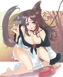 Rule 34 | 1girl, animal ears, bamboo, bamboo forest, bowl, breasts, brooch, brown hair, chain, collar, collarbone, fang, fingernails, flower, forest, highres, imaizumi kagerou, jewelry, kneeling, large breasts, leash, lips, long hair, long sleeves, nail polish, nature, off shoulder, panzer (p.z), pet, pet bowl, pet food, red eyes, red nails, sharp fingernails, sitting, smile, solo, sweatdrop, tail, torn clothes, touhou, viewer holding leash, wolf ears, wolf tail