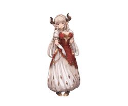 Rule 34 | 10s, 1girl, alicia (granblue fantasy), blunt bangs, breasts, cleavage, cleavage cutout, clothing cutout, detached sleeves, draph, dress, earrings, elbow gloves, full body, gloves, granblue fantasy, hand on own chest, horns, jewelry, large breasts, long dress, looking at viewer, mature female, minaba hideo, official art, open mouth, pigeon-toed, pointy ears, puffy sleeves, red eyes, short sleeves, smile, solo, standing, transparent background, underboob, underboob cutout, white gloves, white hair