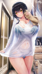 Rule 34 | 1girl, black hair, blush, breasts, cleavage, closed mouth, collarbone, covered navel, hair between eyes, highres, indoors, large breasts, long hair, looking at viewer, original, panties, see-through, see-through shirt, shirt, sleeves past wrists, solo, standing, towel, underwear, unohana pochiko, wet, wet clothes, wet shirt