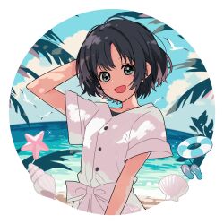 Rule 34 | 1girl, :d, aqua eyes, arisa (aren), arm up, beach, bird, black eyes, black hair, blush, border, bow, buttons, dappled sunlight, day, dress, earrings, flip-flops, hand in own hair, hand on own head, highres, jewelry, looking at viewer, ocean, open mouth, original, round image, sandals, seagull, seashell, shell, short hair, short sleeves, signature, smile, solo, sparkle, sunlight, upper body, waist bow, white bird, white border, white bow, white dress