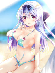 Rule 34 | 1girl, bad id, bad pixiv id, beach, bikini, black ribbon, blush, breasts, closed mouth, collarbone, commentary request, day, green bikini, hair ribbon, highres, looking at viewer, medium breasts, original, outdoors, red eyes, ribbon, rotte (1109), silver hair, smile, solo, swimsuit, wardrobe malfunction