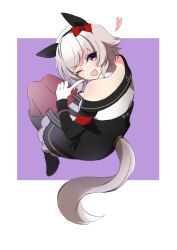 Rule 34 | 1girl, ;d, animal ears, bare shoulders, bow, clothing cutout, curren chan (umamusume), dress, ear bow, ear covers, from behind, grey hair, highres, horse ears, horse girl, horse tail, long sleeves, looking at viewer, looking back, mochiyukimi21, off-shoulder jacket, off shoulder, one eye closed, open mouth, pantyhose, purple background, purple eyes, red bow, red pantyhose, short hair, simple background, smile, solo, striped clothes, striped dress, tail, tail through clothes, umamusume, vertical-striped clothes, vertical-striped dress, white background