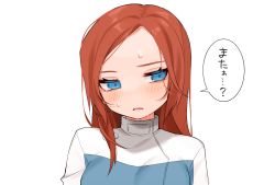 Rule 34 | 1girl, animification, apex legends, ashleigh reid, blue eyes, blue jacket, blush, breasts, brown hair, frown, half-closed eyes, jacket, looking to the side, medium breasts, nagoooon 114, open mouth, portrait, solo, speech bubble, sweat, translation request