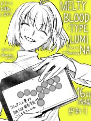 1girl arcueid_brunestud closed_eyes halftone highres holding leverless_arcade_stick melty_blood melty_blood:_type_lumina metarogu monochrome partially_colored short_hair solo sweater tsukihime tsukihime_(remake) upper_body yellow_background