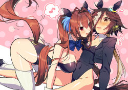 Rule 34 | 2girls, :d, all fours, alternate costume, animal ears, artist name, ass, bare legs, blush, bow, bowtie, breasts, brown hair, cleavage, clothing cutout, commentary request, covered navel, cropped jacket, daiwa scarlet (umamusume), detached collar, hair over one eye, horse ears, horse girl, horse tail, large breasts, leotard, long hair, long sleeves, looking at another, multicolored hair, multiple girls, musical note, nose blush, open mouth, pink background, playboy bunny, polka dot, polka dot background, red eyes, sitting, small breasts, smile, spoken musical note, streaked hair, tail, tail through clothes, thighhighs, twintails, umamusume, vodka (umamusume), white hair, white thighhighs, zest (lossol)