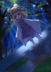 Rule 34 | 1girl, blonde hair, brown eyes, dark, dutch angle, forest, hair ornament, hat, highres, hinako (anzu15), long sleeves, looking at viewer, moriya suwako, nature, open mouth, partially submerged, shirt, skirt, skirt set, smile, solo, standing, touhou, tree, turtleneck, vest, wading, water, wide sleeves