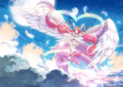 Rule 34 | 1girl, antenna hair, arm ribbon, asymmetrical legwear, boots, choker, cure happy, dress, feathered wings, feathers, flying, head wings, hoshi (xingspresent), hoshizora miyuki, layered dress, long hair, magical girl, pink dress, pink eyes, pink hair, precure, ribbon, smile, smile precure!, solo, twintails, ultra cure happy, uneven legwear, white footwear, white wings, wings