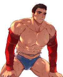 Rule 34 | 1boy, abs, artist name, bandaid, bandaid on hand, bara, black hair, blue male underwear, briefs, brown eyes, closed mouth, detached sleeves, hands on own thighs, highres, large pectorals, male focus, male underwear, muscular, muscular male, navel, nipples, original, pectorals, scar, scar on arm, short hair, solo, sweat, thick thighs, thighs, underwear, white background, yotti