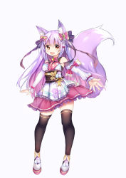 Rule 34 | 1girl, :d, absurdres, animal ears, bare shoulders, black thighhighs, blush, bow, brown eyes, copyright request, detached sleeves, fang, fox ears, fox girl, fox tail, full body, grey background, hair between eyes, hair bow, highres, japanese clothes, kimono, long sleeves, looking at viewer, open mouth, pink bow, pink skirt, pleated skirt, puffy long sleeves, puffy sleeves, purple bow, purple hair, ribbon-trimmed legwear, ribbon-trimmed sleeves, ribbon trim, rinringyo, shoes, short kimono, simple background, skirt, sleeveless, sleeveless kimono, sleeves past wrists, smile, solo, tail, tail raised, thighhighs, white footwear, white kimono, white sleeves