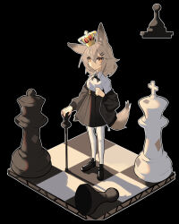 Rule 34 | 1girl, absurdres, animal ears, bishop (chess), black background, black ribbon, cane, chess piece, chessboard, crown, ghost (tama), grey hair, hair ornament, hairclip, highres, king (chess), mini crown, neck ribbon, orange eyes, original, pawn (chess), queen (chess), ribbon, shirt, shoes, short hair, simple background, skirt, solo, thighhighs, white shirt, white thighhighs, wolf ears, wolf girl