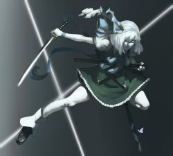Rule 34 | 1girl, adapted costume, bad id, bad twitter id, blue eyes, bow, fighting stance, hairband, horizon (sushi0126), katana, konpaku youmu, outstretched arm, parted lips, puffy sleeves, ribbon, shirt, short hair, short sleeves, silver hair, simple background, skirt, skirt set, socks, solo, sword, touhou, vest, weapon, white socks