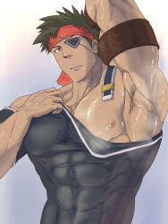 Rule 34 | 1boy, arm up, armpit focus, armpit stubble, armpits, bara, bare pectorals, character request, covered navel, eyepatch, fumio (snnmfmw), headband, highres, large pectorals, male focus, muscular, muscular male, nipples, pectorals, presenting armpit, red headband, shirt, short hair, solo, spiked hair, sweat, taut clothes, taut shirt, upper body