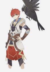 Rule 34 | 1boy, adol christin, ahoge, animal, bird, brown eyes, crow, detached sleeves, double-parted bangs, falcom, george man, hair between eyes, hand on own hip, highres, jewelry, looking at viewer, male focus, necklace, red hair, shorts, simple background, smile, solo, white background, ys, ys x nordics