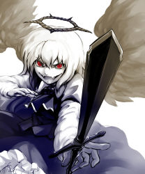 Rule 34 | 1girl, bad id, bad pixiv id, blouse, evil smile, ex-rumia, fangs, halo, highres, necktie, omisodama, open mouth, red eyes, rumia, shirt, short hair, skirt, smile, sword, touhou, vest, weapon, wings