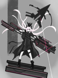 Rule 34 | 1girl, absurdres, animal, animal on head, bird, bird on head, coat, full body, glint, highres, holding, holding weapon, huge weapon, long hair, on head, open mouth, original, pink eyes, pink hair, riz kira, roman numeral, solo, weapon