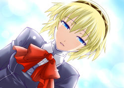 Rule 34 | 1girl, aegis (persona), android, atlus, blonde hair, blue eyes, bow, dutch angle, female focus, gradient background, open mouth, outdoors, persona, persona 3, ribbon, school uniform, segami daisuke, short hair, sky, smile, solo, tears