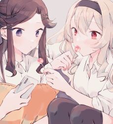 Rule 34 | 2girls, black hairband, black thighhighs, blonde hair, blush, brown hair, candy, cellphone, closed mouth, collared shirt, commentary, elbow rest, food, food in mouth, grey background, hair between eyes, hair ornament, hair ribbon, hairband, hands up, highres, holding, holding candy, holding food, holding lollipop, holding phone, knees up, lollipop, long hair, looking at another, looking at food, multiple girls, parted bangs, phone, pillow, purple eyes, purple ribbon, red eyes, ribbon, saijou claudine, sharing food, shirt, shoujo kageki revue starlight, sidelocks, simple background, sitting, sleeves past elbows, sleeves pushed up, smartphone, symbol-only commentary, tendou maya, thighhighs, upper body, wato (ko), white shirt, x hair ornament