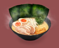 Rule 34 | bowl, egg (food), food, food focus, highres, kazuto (tzgp8384), meat, no humans, noodles, nori (seaweed), original, pork, ramen, red background, softboiled egg, steam, vegetable