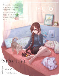 Rule 34 | 1girl, absurdres, alarm clock, aran sweater, barefoot, black-framed eyewear, black shorts, blue sweater, book, braid, brown hair, cable knit, casual, cat, clock, commentary request, contemporary, curtains, dated, english text, fate/grand order, fate (series), glasses, highres, lantian lanz, long braid, long hair, on bed, picture frame, pillow, red hair, shorts, single braid, sitting, solo, sweater, temperature, translation request, very long hair, window, yu mei-ren (fate), yu mei-ren (first ascension) (fate)