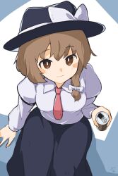Rule 34 | 1girl, arm support, black hat, black skirt, blush stickers, bow, breasts, brown eyes, brown hair, can, closed mouth, collared shirt, commentary request, drink can, fedora, from above, happy, hat, hat bow, highres, holding, long skirt, long sleeves, looking at viewer, shirt, simple background, sitting, skirt, sleeve garter, small breasts, smile, soda can, solo, touhou, usami renko, white bow, white shirt, yanotsuki18