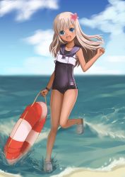 Rule 34 | 10s, 1girl, absurdres, blonde hair, blue eyes, crocs, crop top, flower, hair flower, hair ornament, highres, kantai collection, lifebuoy, long hair, one-piece tan, ro-500 (kancolle), rockzero, sailor collar, school swimsuit, solo, swim ring, swimsuit, swimsuit under clothes, tan, tanline, wading