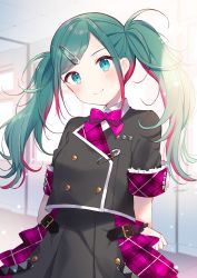 Rule 34 | 1girl, absurdres, arms behind back, black jacket, black skirt, bow, bowtie, buttons, colored tips, commentary, double-breasted, green eyes, green hair, hatsune miku, highres, indoors, jacket, leo/need (project sekai), leo/need miku, long hair, multicolored hair, paperclip hair ornament, plaid, plaid skirt, project sekai, purple bow, purple bowtie, purple skirt, red hair, school uniform, shiino sera, short sleeves, sidelocks, signature, skirt, smile, solo, streaked hair, swept bangs, twintails, vocaloid