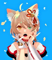 Rule 34 | 1girl, ahoge, animal ear fluff, animal ears, asymmetrical clothes, bell, braid, braided bangs, breasts, cat girl, detached collar, fangs, gabutmotor, gloves, green eyes, hair bell, hair ornament, heterochromia, nail, nekomata, prism project, single glove, small breasts, solo, suzune nia, virtual youtuber, yellow eyes