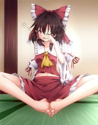 Rule 34 | 1girl, absurdres, barefoot, bow, brown hair, fang, feet, feet together, hair bow, hakurei reimu, highres, iwashi (nisankatanso), long hair, looking at viewer, on floor, one eye closed, open mouth, red eyes, tatami, toes, touhou