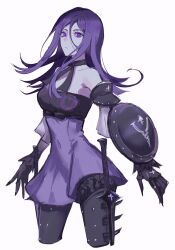 Rule 34 | 1girl, bare shoulders, black choker, black gloves, breasts, choker, collarbone, cropped legs, detached sleeves, drag-on dragoon, drag-on dragoon 3, dress, gloves, hair ornament, hairclip, highres, looking at viewer, medium breasts, miichinori, purple dress, purple eyes, purple hair, ribbon choker, shield, sidelocks, simple background, solo, strapless, strapless dress, three (drag-on dragoon), white background