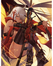 Rule 34 | 1girl, ahoge, arm guards, armored boots, black bow, boots, bow, breasts, cleavage, crossed legs, dark-skinned female, dark skin, fate/grand order, fate (series), hair between eyes, hair bow, hair ornament, hair over one eye, highres, holding, holding weapon, knees to chest, knees up, large breasts, long hair, okita souji (fate), okita souji alter (fate), okita souji alter (first ascension) (fate), orangesekaii, red scarf, scarf, silver hair, sitting, solo, sweat, tassel, weapon, yellow eyes