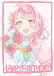 Rule 34 | 1girl, absurdres, artist name, artist request, blush, bouquet, bow, braid, braided bun, breasts, cleavage, collarbone, dream with you (love live!), dress, dress bow, earrings, female focus, flower, frilled dress, frills, gloves, green eyes, hair bun, highres, holding, holding bouquet, holding flower, jewelry, lake2936, looking at viewer, love live!, love live! nijigasaki high school idol club, love live! school idol festival, necklace, orange hair, parted lips, pearl earrings, pearl necklace, pink bow, pink flower, pink wrist cuffs, puffy short sleeves, puffy sleeves, red hair, reiku (lake 0520), short hair, short sleeves, side bun, single hair bun, small breasts, smile, solo, uehara ayumu, upper body, white background, white dress, white gloves, wrist cuffs, yellow eyes