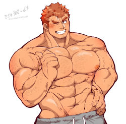 Rule 34 | 1boy, abs, artist name, bara, blush, brown eyes, brown hair, chest hair, facial hair, goatee, hairy, highres, takabushi kengo, kizami nori to yamaimo, large pectorals, long sideburns, male focus, muscular, muscular male, nipples, pants, pectorals, pointing, pointing at self, short hair, sideburns, smile, solo, stubble, sweatpants, thick eyebrows, tokyo houkago summoners, topless male, twitter username, upper body, white background