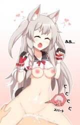 Rule 34 | 1boy, 1girl, animal ears, azur lane, bottomless, bow, breasts, claw pose, cowgirl position, crop top, crop top overhang, cum, cum in pussy, cum overflow, grey hair, hetero, highres, medium breasts, non-web source, ohno, red bow, red eyes, sex, shirt, straddling, tail, translated, underboob, vaginal, white shirt, wolf ears, wolf girl, wolf tail, x-ray, yuudachi (azur lane)