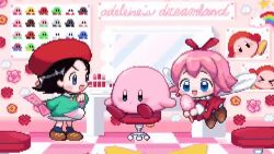 Rule 34 | 2girls, adeleine, animated, beret, black hair, blue eyes, blush, blush stickers, christy frisby, fairy, fairy wings, hat, heart, heart-shaped pupils, kirby, kirby (series), makeup, mirror, video, multiple girls, nintendo, open mouth, paint, paintbrush, pink hair, pixel art, ribbon (kirby), sitting, skirt, smile, source request, symbol-shaped pupils, wings
