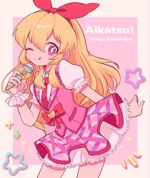 Rule 34 | 1girl, aikatsu!, aikatsu! (series), blonde hair, blush, bow, character name, commentary request, copyright name, frilled skirt, frills, hair between eyes, hair bow, hairband, highres, holding, holding microphone, hoshimiya ichigo, idol clothes, layered skirt, long hair, looking at viewer, mayura nebo, microphone, necktie, one eye closed, pink bow, pink eyes, pink necktie, pink skirt, pink vest, puffy short sleeves, puffy sleeves, short sleeves, skirt, smile, solo, star (symbol), tongue, tongue out, vest, wrist cuffs, yellow bow