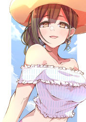 Rule 34 | 1girl, :d, bare shoulders, blue sky, blush, braid, breasts, brown eyes, brown hair, e sky rugo, earrings, hat, highres, idolmaster, idolmaster shiny colors, jewelry, kuwayama chiyuki, large breasts, looking at viewer, off-shoulder shirt, off shoulder, open mouth, shirt, single eye, sky, smile, solo, sun hat, upper body