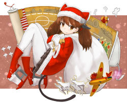 Rule 34 | 10s, 1girl, aircraft, airplane, animal hat, bad id, bad nicoseiga id, blush, boots, brown eyes, brown hair, cat hat, cat tail, christmas, flight deck, gloves, hat, highres, kantai collection, long hair, looking at viewer, okitsugu, outside border, pantyhose, red footwear, ryuujou (kancolle), sack, santa costume, skirt, smile, solo, tail, twintails, white gloves, white pantyhose