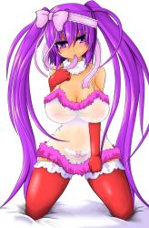 Rule 34 | 1girl, bare shoulders, beatmania, beatmania iidx, breasts, christmas, curvy, elbow gloves, female focus, gloves, hair ornament, highres, kneeling, large breasts, lingerie, long hair, long twintails, mizushiro celica, mouth hold, navel, nipples, no bra, panties, purple eyes, purple hair, red panties, see-through, simple background, solo, specialblue, thighhighs, twintails, underwear, white background