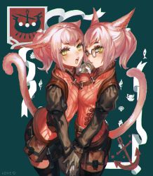 Rule 34 | 2girls, animal ears, asymmetrical docking, bad id, bad pixiv id, black legwear, breast press, breasts, cat ears, cat tail, closed mouth, final fantasy, final fantasy xiv, frischenq, glasses, gloves, hair ribbon, holding hands, long sleeves, looking at viewer, medium breasts, miqo&#039;te, multiple girls, n&#039;delika, n&#039;tanmo, open mouth, pink hair, puffy long sleeves, puffy sleeves, ribbon, short hair, short ponytail, siblings, sisters, skirt, slit pupils, small breasts, tail, thighhighs, twins