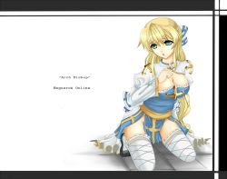 Rule 34 | 1girl, arch bishop (ragnarok online), black footwear, blonde hair, blue dress, bow, breasts, character name, cleavage, cleavage cutout, clothing cutout, commentary request, copyright name, cross, dress, fishnet thighhighs, fishnets, frilled thighhighs, frills, full body, hair between eyes, hair bow, half updo, high heels, highres, juliet sleeves, kneeling, large breasts, long hair, long sleeves, looking at viewer, no panties, open mouth, pelvic curtain, puffy sleeves, ragnarok online, sash, solo, thighhighs, two-tone dress, vicsen-u5, white background, white bow, white dress, white thighhighs, yellow sash