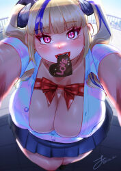 Rule 34 | 1girl, akina bbw, backlighting, blonde hair, blue hair, blue sky, blunt bangs, blurry, blurry background, blush, bow, breasts, character request, chocolate, cleavage, color banding, commentary request, commission, copyright request, dot nose, head tilt, highres, huge breasts, long hair, looking at viewer, open mouth, outstretched arms, partially unbuttoned, pink eyes, pixiv commission, pleated skirt, railing, red lips, sidelocks, skirt, sky, slit pupils, solo, thick arms, tile floor, tiles, tsurime, two side up, valentine
