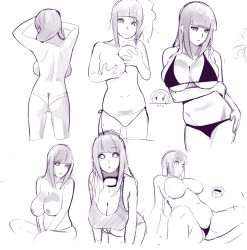 Rule 34 | ass, bikini, blunt bangs, breasts, butt crack, chibi, chibi inset, cleavage, grabbing own breast, hime cut, huge breasts, hyuuga hinata, monochrome, multiple views, naruto, naruto (series), nipples, no bra, panties, sho-n-d, simple background, sketch, swimsuit, thighhighs, topless, underwear, white background