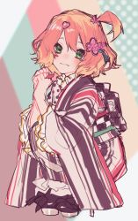 Rule 34 | 1girl, :3, black footwear, blush, freyja wion, hair ornament, heart, heart hair ornament, highres, japanese clothes, kimono, looking at viewer, macross, macross delta, obi, orange hair, own hands together, sash, sechi (stst1850), short hair, short sidetail, sketch, smile, solo, squatting, striped clothes, striped kimono